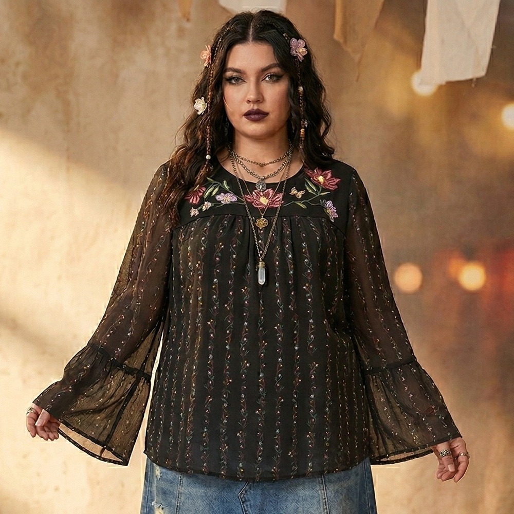 Black Sheer Mesh Floral Embroidered Boho Blouse Bell Sleeve Whimsigoth Top XL - Picture 3 of 9